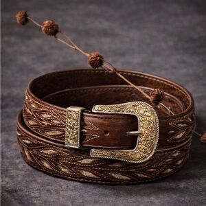 Cavender’s Brown Leather Western Belt Gold Glitter Inlay Buckle | Size L